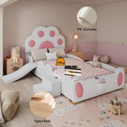 Polsterbett, Einzelbett, Kinderbett, Kopfteil in Form einer Cartoon - Katzenpfote, mit einer Kinderrutsche und einer zweistufigen Leiter,  PU-Oberfläche,Weiß + Rosa, 90x200cm