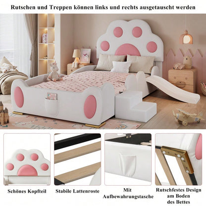 Polsterbett, Einzelbett, Kinderbett, Kopfteil in Form einer Cartoon - Katzenpfote, mit einer Kinderrutsche und einer zweistufigen Leiter,  PU-Oberfläche,Weiß + Rosa, 90x200cm