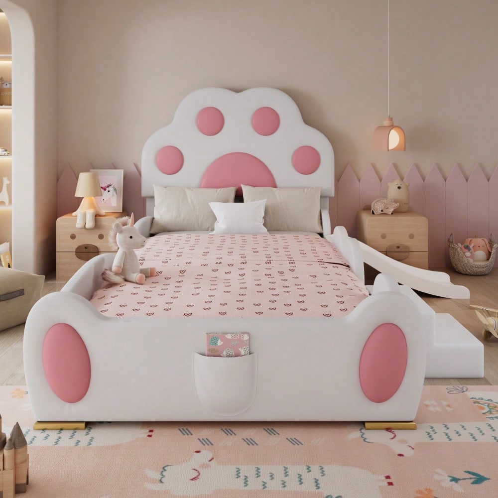 Polsterbett, Einzelbett, Kinderbett, Kopfteil in Form einer Cartoon - Katzenpfote, mit einer Kinderrutsche und einer zweistufigen Leiter,  PU-Oberfläche,Weiß + Rosa, 90x200cm
