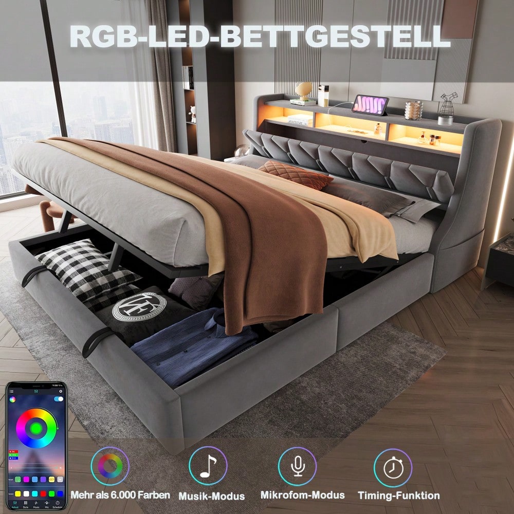Polsterbett 180 x 200 cm, Hydraulisches Stauraumbett, umklappbares Polsterkopfteil mit Stauraum, Steckdose und Ablagefach, LED-Beleuchtung, Verbreiterte Bettbeine, Doppelbett, Samtstoff, Grau