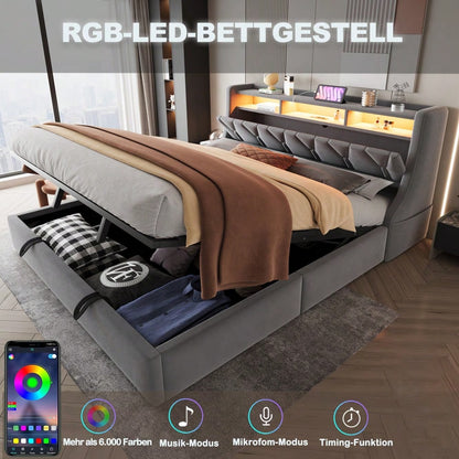 Polsterbett 180 x 200 cm, Hydraulisches Stauraumbett, umklappbares Polsterkopfteil mit Stauraum, Steckdose und Ablagefach, LED-Beleuchtung, Verbreiterte Bettbeine, Doppelbett, Samtstoff, Grau