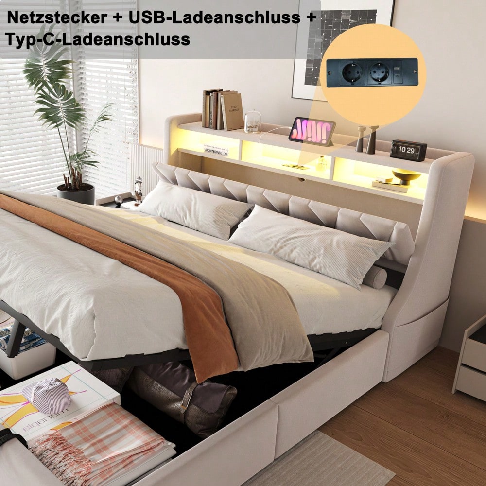 Polsterbett 180 x 200 cm, Hydraulisches Stauraumbett, umklappbares Polsterkopfteil mit Stauraum, Steckdose und Ablagefach, LED-Beleuchtung, Verbreiterte Bettbeine, Doppelbett, Samtstoff, Beige