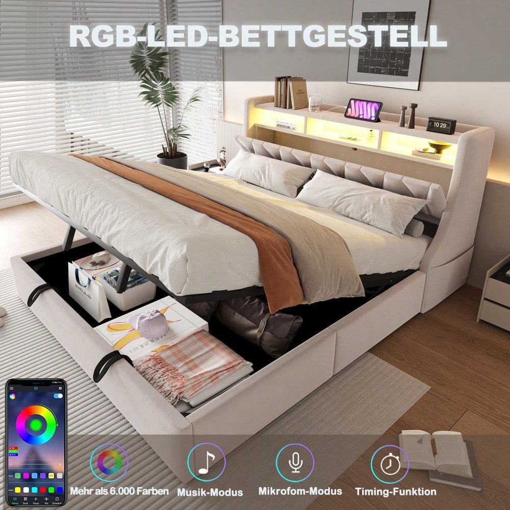Polsterbett 180 x 200 cm, Hydraulisches Stauraumbett, umklappbares Polsterkopfteil mit Stauraum, Steckdose und Ablagefach, LED-Beleuchtung, Verbreiterte Bettbeine, Doppelbett, Samtstoff, Beige