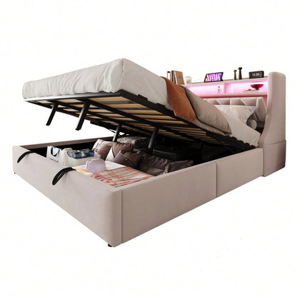 Polsterbett 180 x 200 cm, Hydraulisches Stauraumbett, umklappbares Polsterkopfteil mit Stauraum, Steckdose und Ablagefach, LED-Beleuchtung, Verbreiterte Bettbeine, Doppelbett, Samtstoff, Beige