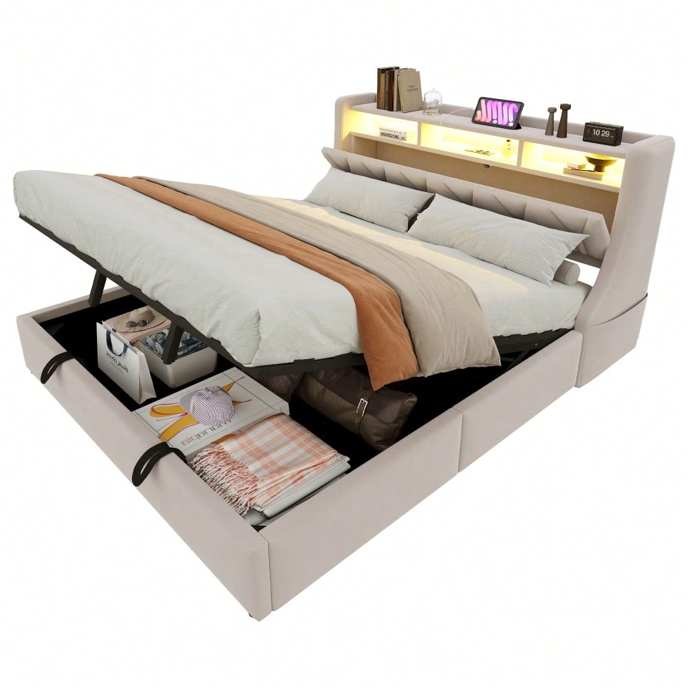 Polsterbett 180 x 200 cm, Hydraulisches Stauraumbett, umklappbares Polsterkopfteil mit Stauraum, Steckdose und Ablagefach, LED-Beleuchtung, Verbreiterte Bettbeine, Doppelbett, Samtstoff, Beige