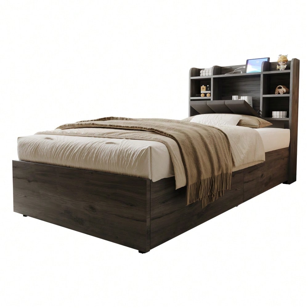 Holzbett 90 x 200 cm, hydraulisches Bett, Kopfteil mit Stauraum, ausgestattet mit USB- und Tape-C-Steckdose, Einzelbett, Jugendbett, Grau (ohne Matratze)