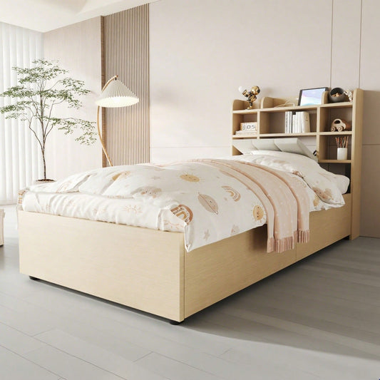 Holzbett 90 x 200 cm, hydraulisches Bett, Kopfteil mit Stauraum, ausgestattet mit USB- und Tape-C-Steckdose, Einzelbett, Jugendbett, Holzfarbe (ohne Matratze)