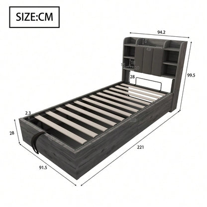 Holzbett 90 x 200 cm, hydraulisches Bett, Kopfteil mit Stauraum, ausgestattet mit USB- und Tape-C-Steckdose, Einzelbett, Jugendbett, Grau (ohne Matratze)