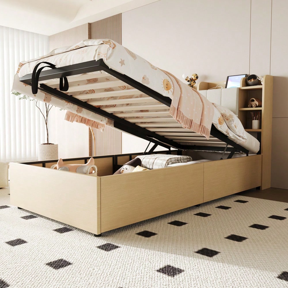 Holzbett 90 x 200 cm, hydraulisches Bett, Kopfteil mit Stauraum, ausgestattet mit USB- und Tape-C-Steckdose, Einzelbett, Jugendbett, Holzfarbe (ohne Matratze)