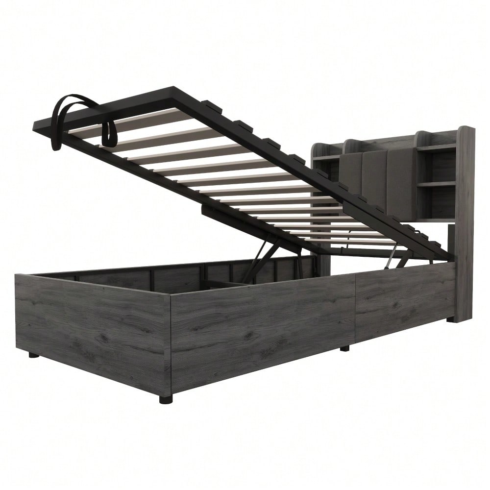 Holzbett 90 x 200 cm, hydraulisches Bett, Kopfteil mit Stauraum, ausgestattet mit USB- und Tape-C-Steckdose, Einzelbett, Jugendbett, Grau (ohne Matratze)