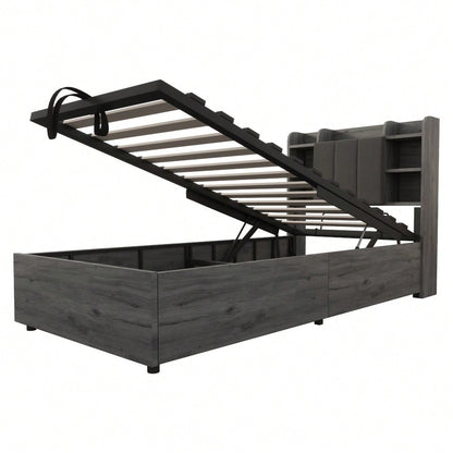 Holzbett 90 x 200 cm, hydraulisches Bett, Kopfteil mit Stauraum, ausgestattet mit USB- und Tape-C-Steckdose, Einzelbett, Jugendbett, Grau (ohne Matratze)