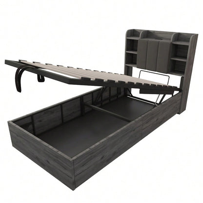 Holzbett 90 x 200 cm, hydraulisches Bett, Kopfteil mit Stauraum, ausgestattet mit USB- und Tape-C-Steckdose, Einzelbett, Jugendbett, Grau (ohne Matratze)