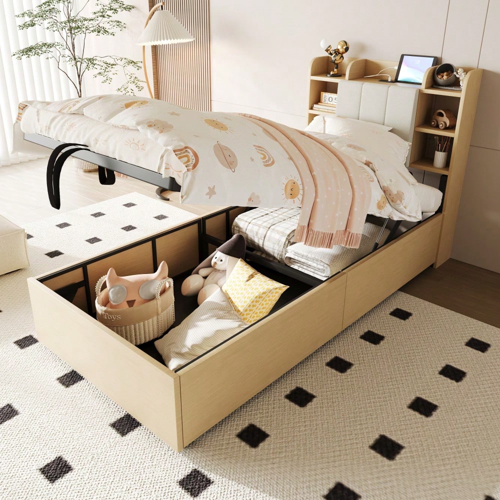 Holzbett 90 x 200 cm, hydraulisches Bett, Kopfteil mit Stauraum, ausgestattet mit USB- und Tape-C-Steckdose, Einzelbett, Jugendbett, Holzfarbe (ohne Matratze)