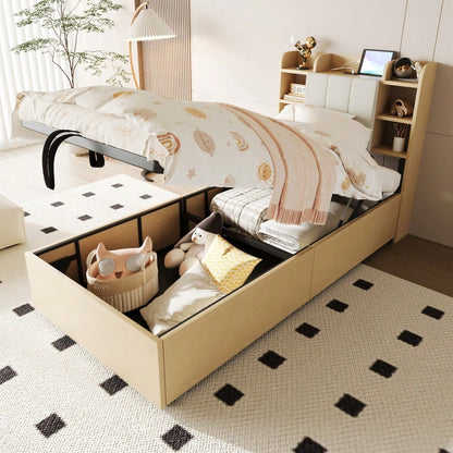 Holzbett 90 x 200 cm, hydraulisches Bett, Kopfteil mit Stauraum, ausgestattet mit USB- und Tape-C-Steckdose, Einzelbett, Jugendbett, Holzfarbe (ohne Matratze)