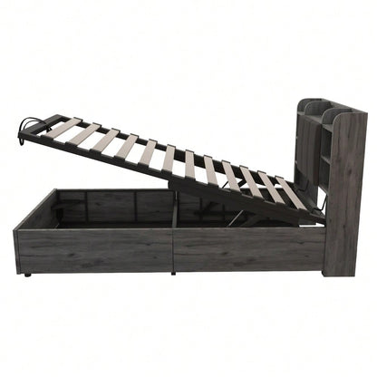 Holzbett 90 x 200 cm, hydraulisches Bett, Kopfteil mit Stauraum, ausgestattet mit USB- und Tape-C-Steckdose, Einzelbett, Jugendbett, Grau (ohne Matratze)