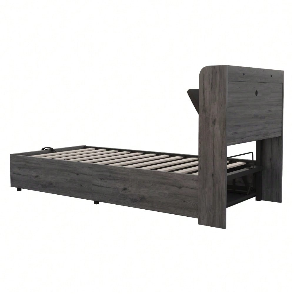 Holzbett 90 x 200 cm, hydraulisches Bett, Kopfteil mit Stauraum, ausgestattet mit USB- und Tape-C-Steckdose, Einzelbett, Jugendbett, Grau (ohne Matratze)