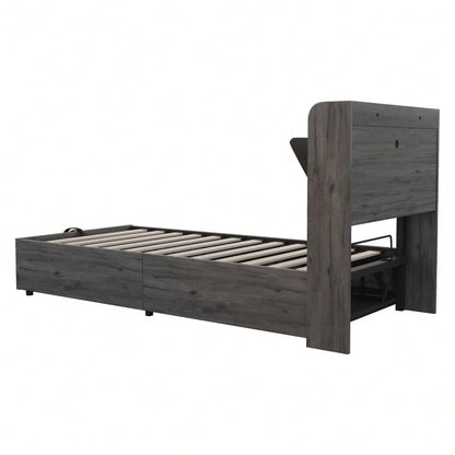 Holzbett 90 x 200 cm, hydraulisches Bett, Kopfteil mit Stauraum, ausgestattet mit USB- und Tape-C-Steckdose, Einzelbett, Jugendbett, Grau (ohne Matratze)