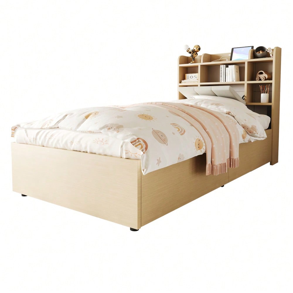 Holzbett 90 x 200 cm, hydraulisches Bett, Kopfteil mit Stauraum, ausgestattet mit USB- und Tape-C-Steckdose, Einzelbett, Jugendbett, Holzfarbe (ohne Matratze)