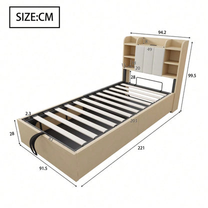 Holzbett 90 x 200 cm, hydraulisches Bett, Kopfteil mit Stauraum, ausgestattet mit USB- und Tape-C-Steckdose, Einzelbett, Jugendbett, Holzfarbe (ohne Matratze)