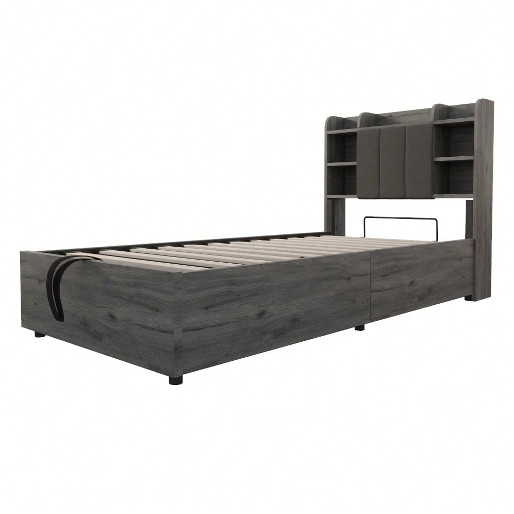 Holzbett 90 x 200 cm, hydraulisches Bett, Kopfteil mit Stauraum, ausgestattet mit USB- und Tape-C-Steckdose, Einzelbett, Jugendbett, Grau (ohne Matratze)