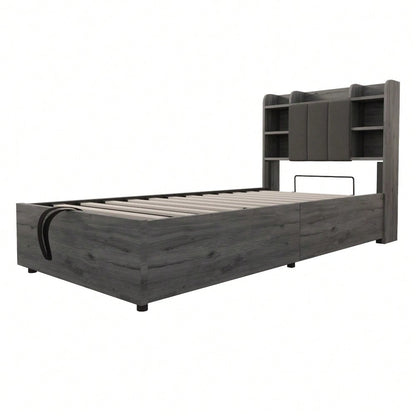 Holzbett 90 x 200 cm, hydraulisches Bett, Kopfteil mit Stauraum, ausgestattet mit USB- und Tape-C-Steckdose, Einzelbett, Jugendbett, Grau (ohne Matratze)