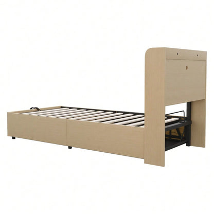 Holzbett 90 x 200 cm, hydraulisches Bett, Kopfteil mit Stauraum, ausgestattet mit USB- und Tape-C-Steckdose, Einzelbett, Jugendbett, Holzfarbe (ohne Matratze)