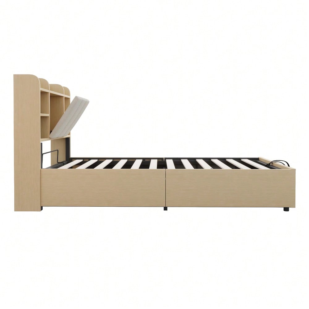 Holzbett 90 x 200 cm, hydraulisches Bett, Kopfteil mit Stauraum, ausgestattet mit USB- und Tape-C-Steckdose, Einzelbett, Jugendbett, Holzfarbe (ohne Matratze)