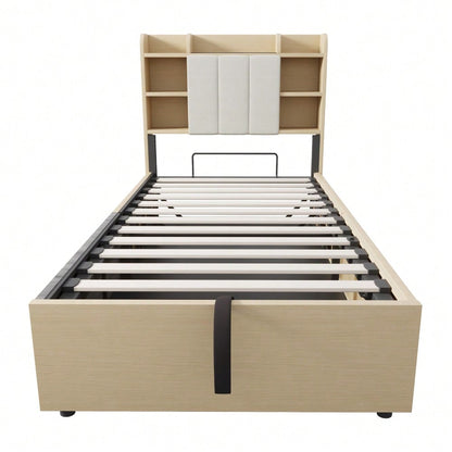 Holzbett 90 x 200 cm, hydraulisches Bett, Kopfteil mit Stauraum, ausgestattet mit USB- und Tape-C-Steckdose, Einzelbett, Jugendbett, Holzfarbe (ohne Matratze)