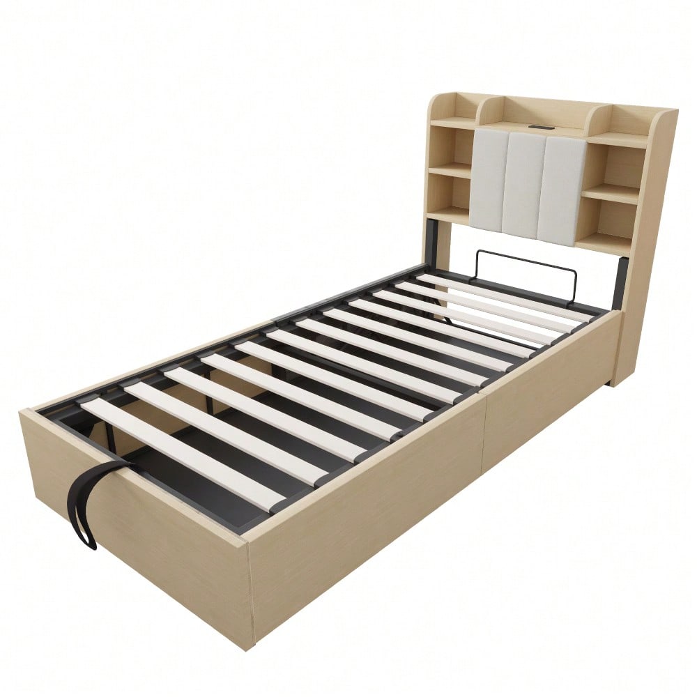 Holzbett 90 x 200 cm, hydraulisches Bett, Kopfteil mit Stauraum, ausgestattet mit USB- und Tape-C-Steckdose, Einzelbett, Jugendbett, Holzfarbe (ohne Matratze)