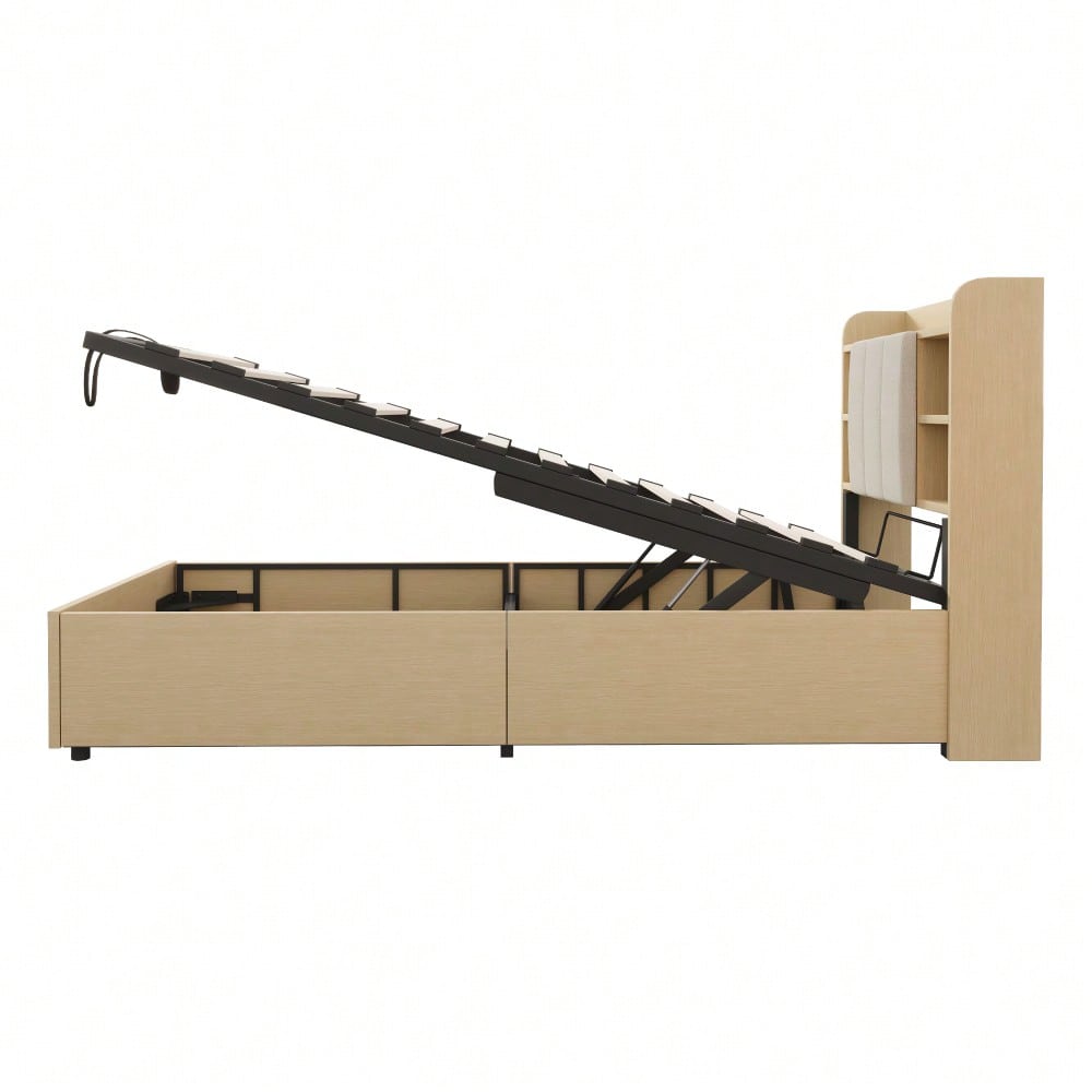 Holzbett 90 x 200 cm, hydraulisches Bett, Kopfteil mit Stauraum, ausgestattet mit USB- und Tape-C-Steckdose, Einzelbett, Jugendbett, Holzfarbe (ohne Matratze)