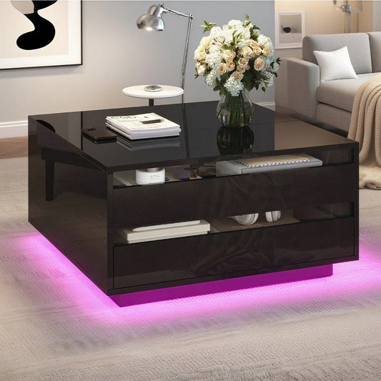 70*70*38cm Wohnzimmer-Couchtisch, Anhebbarer kaffeetisch mit LED-Lichtleiste,Sofatisch mit 1 Schublade,Hochglanz-Beistelltisch mit verstecktem Stauraum und hochklappbaren Türen,Schwarz