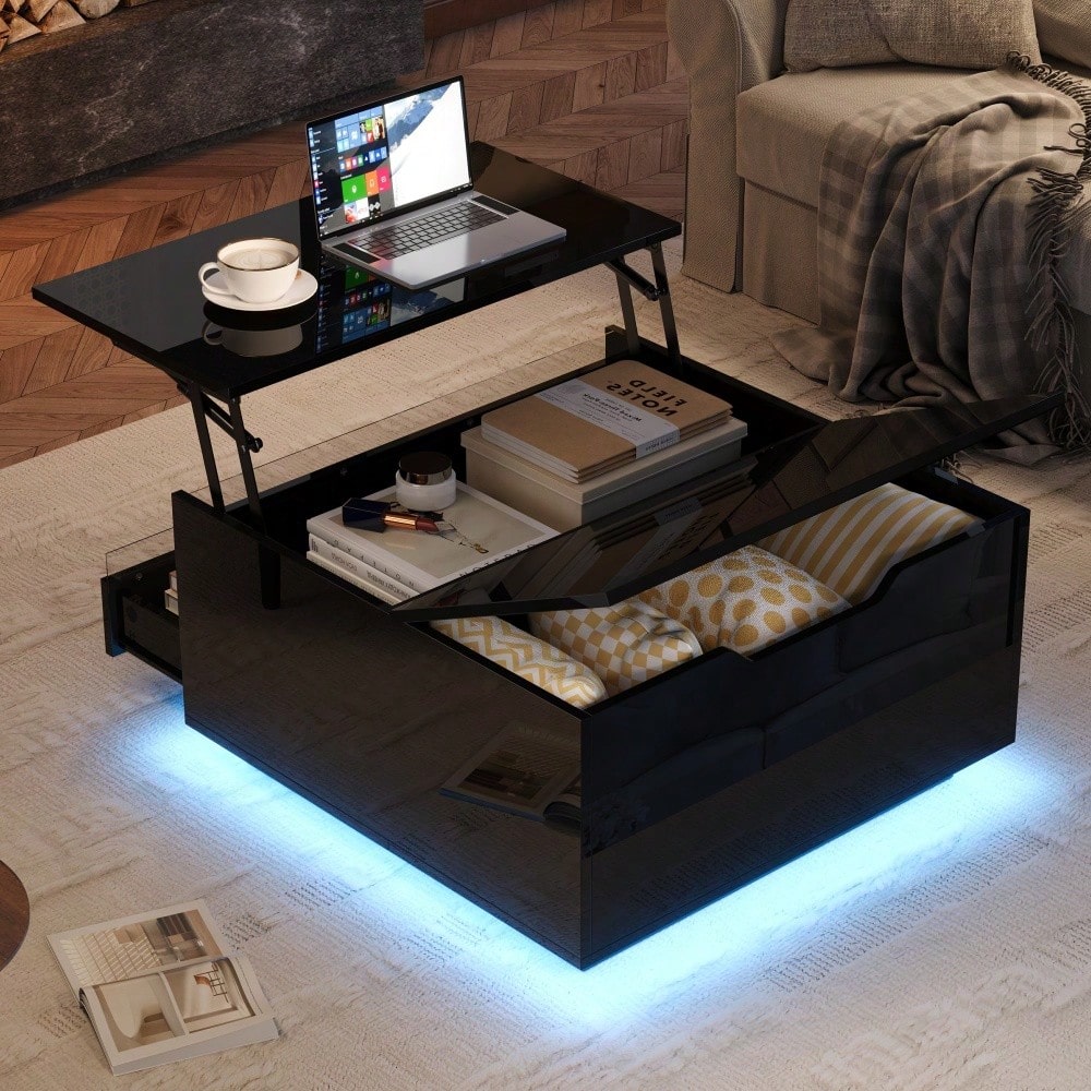 70*70*38cm Wohnzimmer-Couchtisch, Anhebbarer kaffeetisch mit LED-Lichtleiste,Sofatisch mit 1 Schublade,Hochglanz-Beistelltisch mit verstecktem Stauraum und hochklappbaren Türen,Schwarz