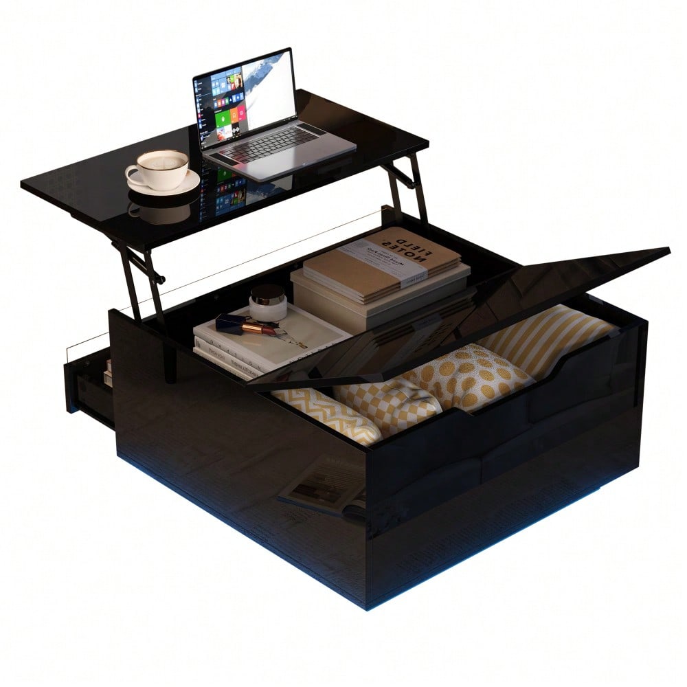 70*70*38cm Wohnzimmer-Couchtisch, Anhebbarer kaffeetisch mit LED-Lichtleiste,Sofatisch mit 1 Schublade,Hochglanz-Beistelltisch mit verstecktem Stauraum und hochklappbaren Türen,Schwarz