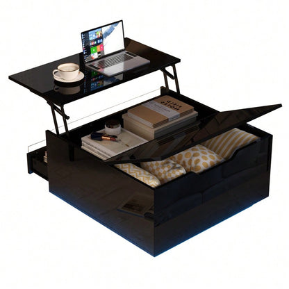 70*70*38cm Wohnzimmer-Couchtisch, Anhebbarer kaffeetisch mit LED-Lichtleiste,Sofatisch mit 1 Schublade,Hochglanz-Beistelltisch mit verstecktem Stauraum und hochklappbaren Türen,Schwarz