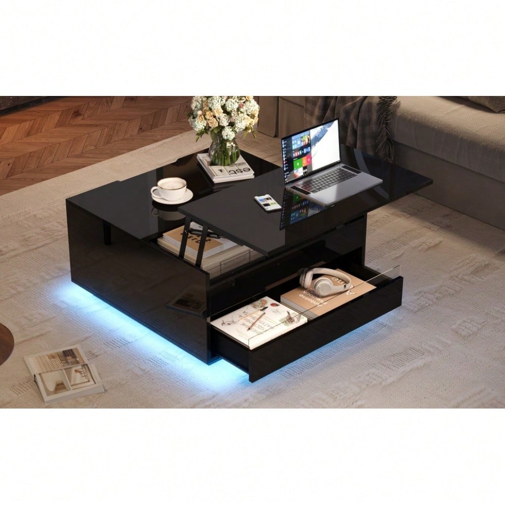 70*70*38cm Wohnzimmer-Couchtisch, Anhebbarer kaffeetisch mit LED-Lichtleiste,Sofatisch mit 1 Schublade,Hochglanz-Beistelltisch mit verstecktem Stauraum und hochklappbaren Türen,Schwarz