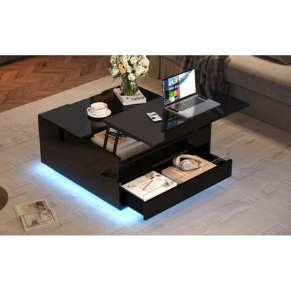 70*70*38cm Wohnzimmer-Couchtisch, Anhebbarer kaffeetisch mit LED-Lichtleiste,Sofatisch mit 1 Schublade,Hochglanz-Beistelltisch mit verstecktem Stauraum und hochklappbaren Türen,Schwarz