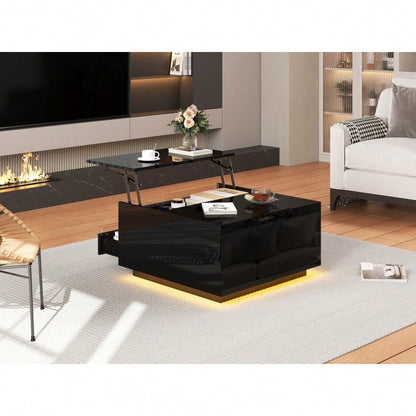 70*70*38cm Wohnzimmer-Couchtisch, Anhebbarer kaffeetisch mit LED-Lichtleiste,Sofatisch mit 1 Schublade,Hochglanz-Beistelltisch mit verstecktem Stauraum und hochklappbaren Türen,Schwarz