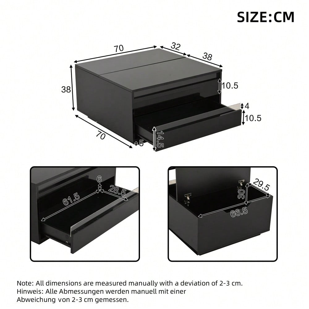 70*70*38cm Wohnzimmer-Couchtisch, Anhebbarer kaffeetisch mit LED-Lichtleiste,Sofatisch mit 1 Schublade,Hochglanz-Beistelltisch mit verstecktem Stauraum und hochklappbaren Türen,Schwarz