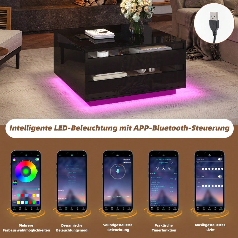 70*70*38cm Wohnzimmer-Couchtisch, Anhebbarer kaffeetisch mit LED-Lichtleiste,Sofatisch mit 1 Schublade,Hochglanz-Beistelltisch mit verstecktem Stauraum und hochklappbaren Türen,Schwarz