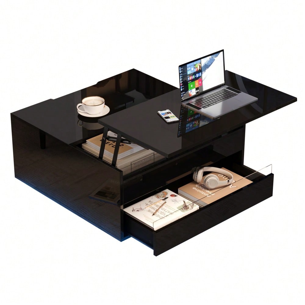 70*70*38cm Wohnzimmer-Couchtisch, Anhebbarer kaffeetisch mit LED-Lichtleiste,Sofatisch mit 1 Schublade,Hochglanz-Beistelltisch mit verstecktem Stauraum und hochklappbaren Türen,Schwarz