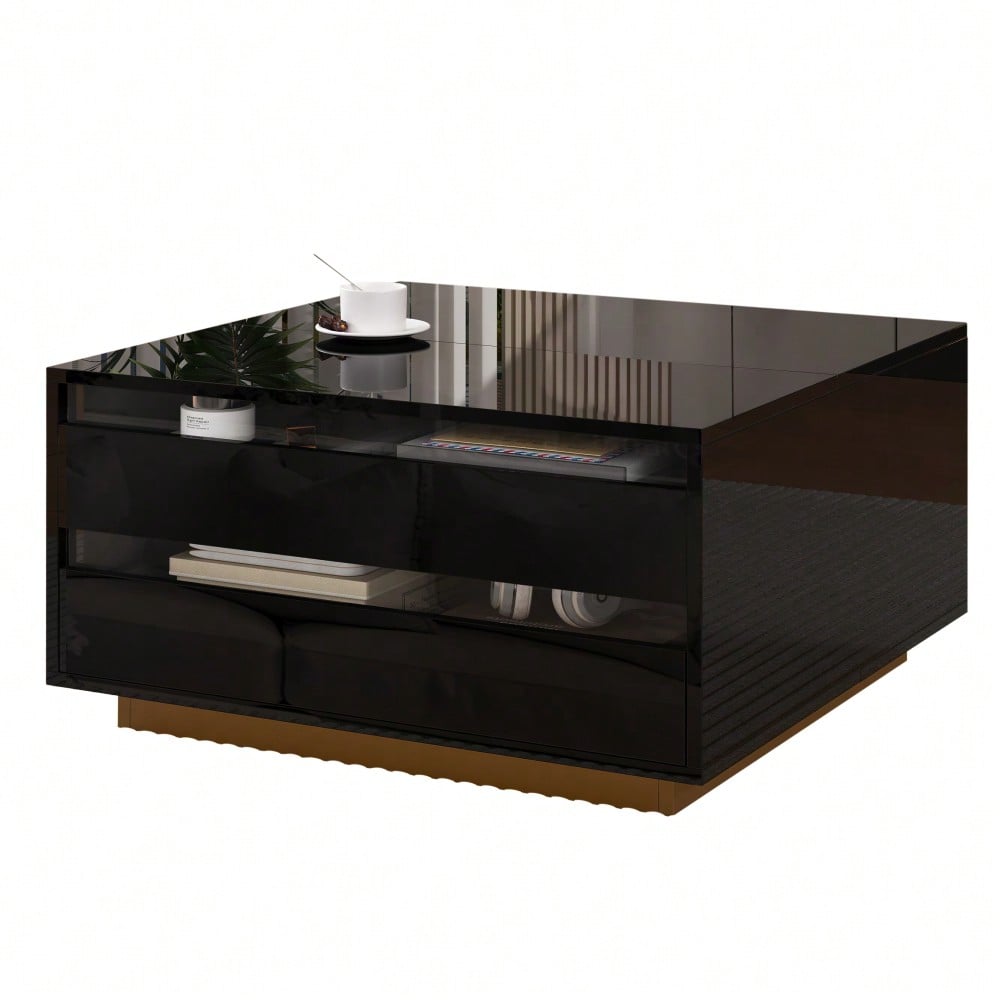 70*70*38cm Wohnzimmer-Couchtisch, Anhebbarer kaffeetisch mit LED-Lichtleiste,Sofatisch mit 1 Schublade,Hochglanz-Beistelltisch mit verstecktem Stauraum und hochklappbaren Türen,Schwarz
