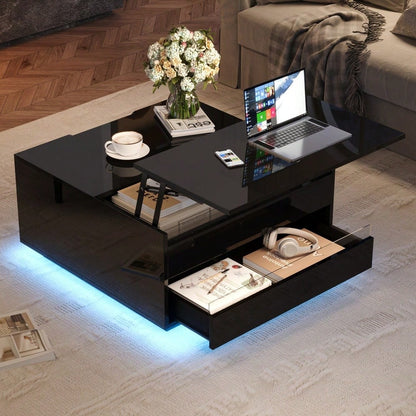 70*70*38cm Wohnzimmer-Couchtisch, Anhebbarer kaffeetisch mit LED-Lichtleiste,Sofatisch mit 1 Schublade,Hochglanz-Beistelltisch mit verstecktem Stauraum und hochklappbaren Türen,Schwarz