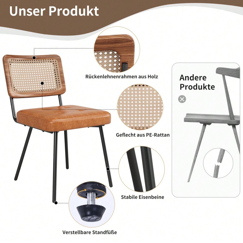 Esszimmerstuhl aus Kunstleder (2 Stück) Rattan-Loungesessel Schminkstuhl Ergonomischer Stuhl Leichter Luxusstuhl Retro-Stuhl