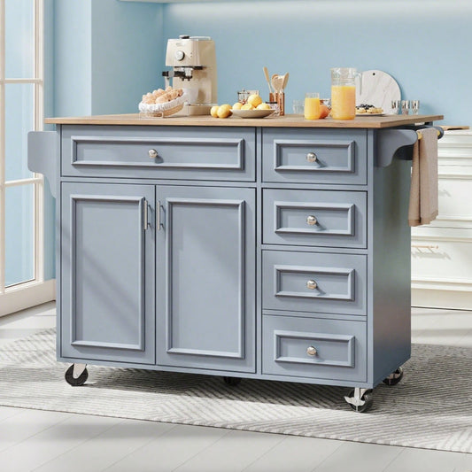Kücheninsel(110×45-75×92cm),Modernes Küchensiland, Küchenschrank, Abnehmbare Servierwagen buffetschrank, Speisewagen mit Vintage-Muster, buffetschrank, Multifunktionale Esstisch mit Speicherraum,Blau