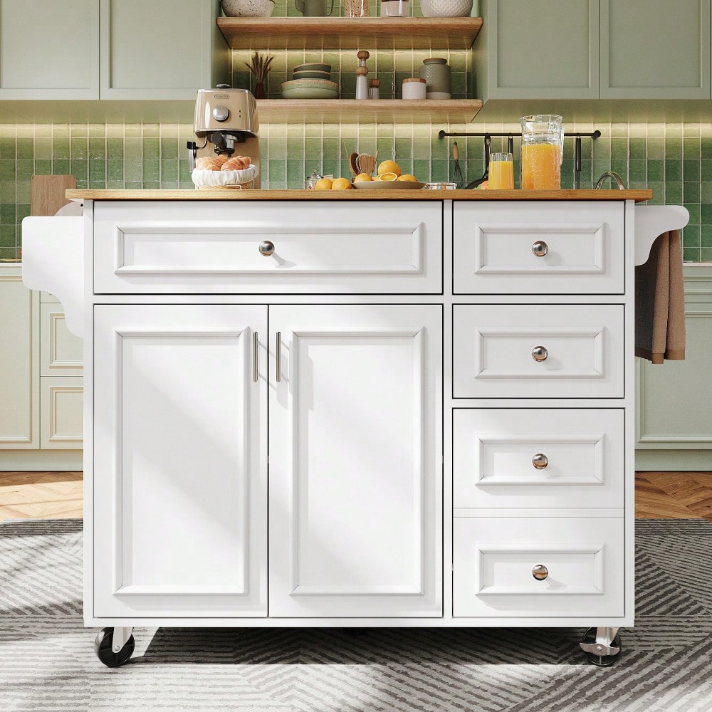 Kücheninsel(110×45-75×92cm),Modernes Küchensiland, Küchenschrank, Abnehmbare Servierwagen buffetschrank, Speisewagen mit Vintage-Muster, buffetschrank, Multifunktionale Esstisch mit Speicherraum,weiß