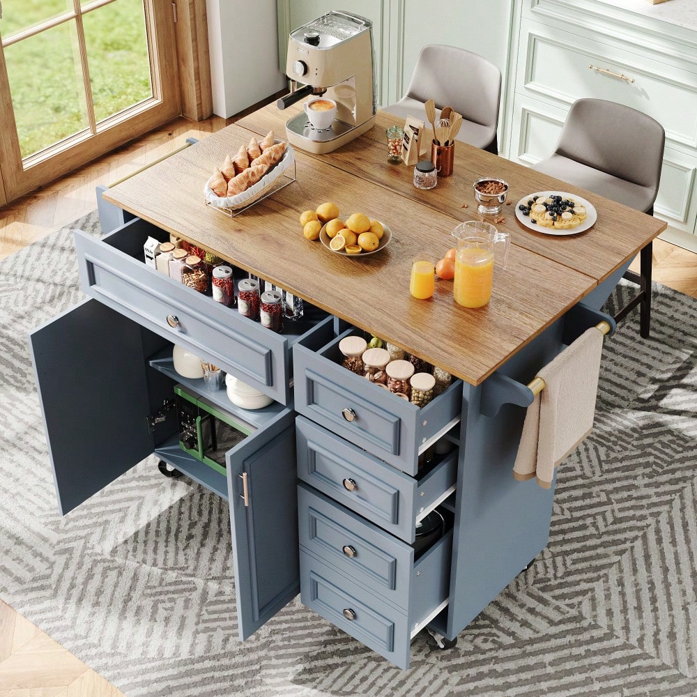 Kücheninsel(110×45-75×92cm),Modernes Küchensiland, Küchenschrank, Abnehmbare Servierwagen buffetschrank, Speisewagen mit Vintage-Muster, buffetschrank, Multifunktionale Esstisch mit Speicherraum,Blau