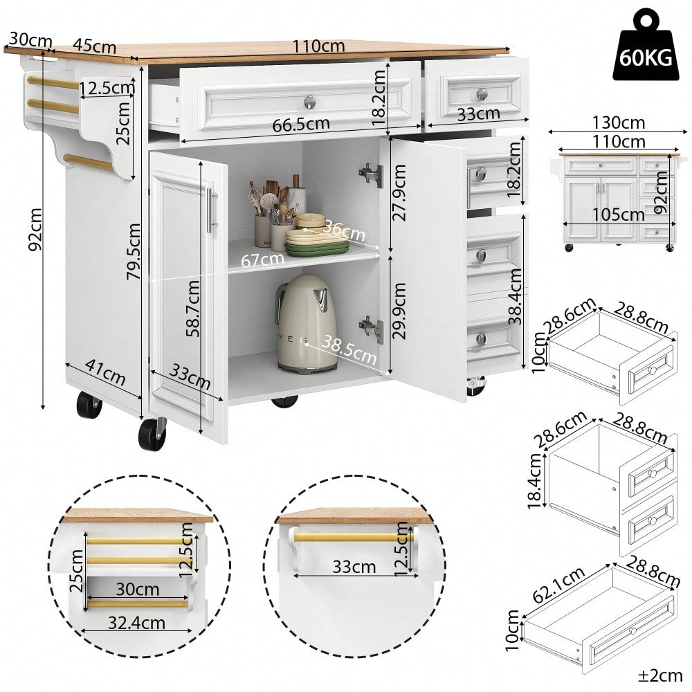 Kücheninsel(110×45-75×92cm),Modernes Küchensiland, Küchenschrank, Abnehmbare Servierwagen buffetschrank, Speisewagen mit Vintage-Muster, buffetschrank, Multifunktionale Esstisch mit Speicherraum,weiß