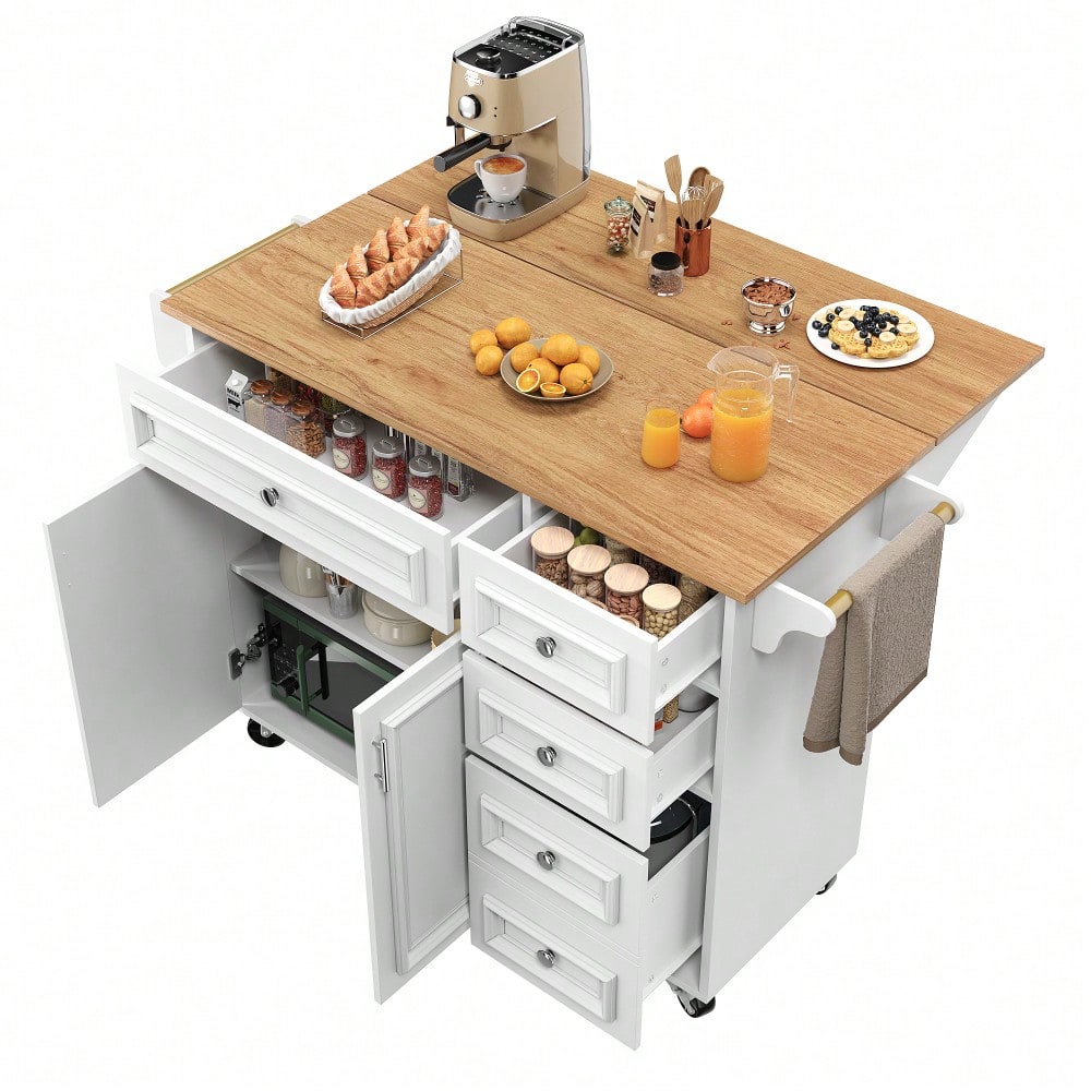Kücheninsel(110×45-75×92cm),Modernes Küchensiland, Küchenschrank, Abnehmbare Servierwagen buffetschrank, Speisewagen mit Vintage-Muster, buffetschrank, Multifunktionale Esstisch mit Speicherraum,weiß