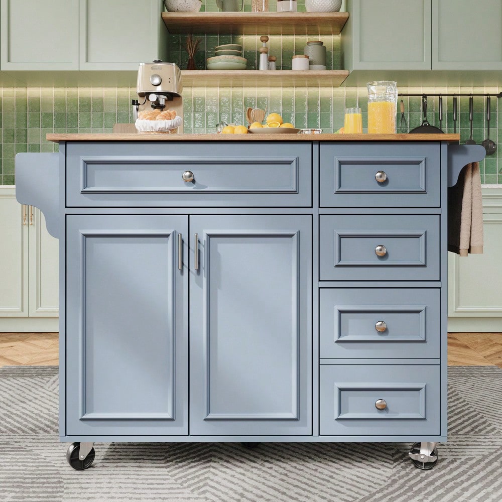 Kücheninsel(110×45-75×92cm),Modernes Küchensiland, Küchenschrank, Abnehmbare Servierwagen buffetschrank, Speisewagen mit Vintage-Muster, buffetschrank, Multifunktionale Esstisch mit Speicherraum,Blau