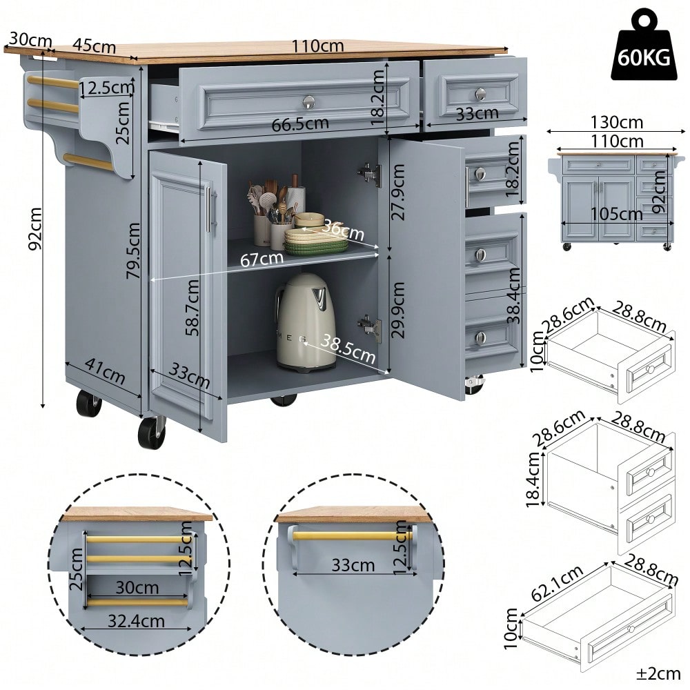 Kücheninsel(110×45-75×92cm),Modernes Küchensiland, Küchenschrank, Abnehmbare Servierwagen buffetschrank, Speisewagen mit Vintage-Muster, buffetschrank, Multifunktionale Esstisch mit Speicherraum,Blau